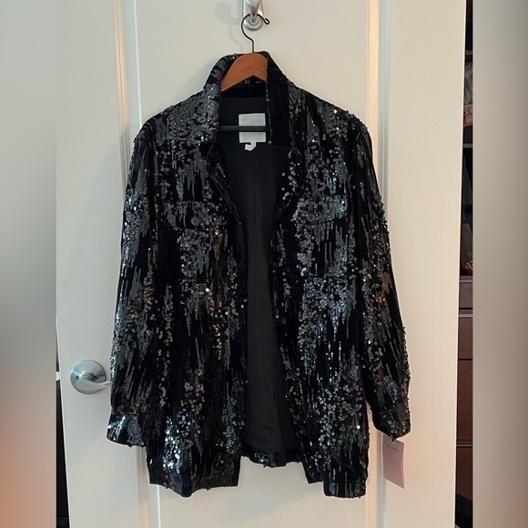 Avec Les Filles Velvet Sequin Black Button Down Shirt Jacket - Picture 1 of 16